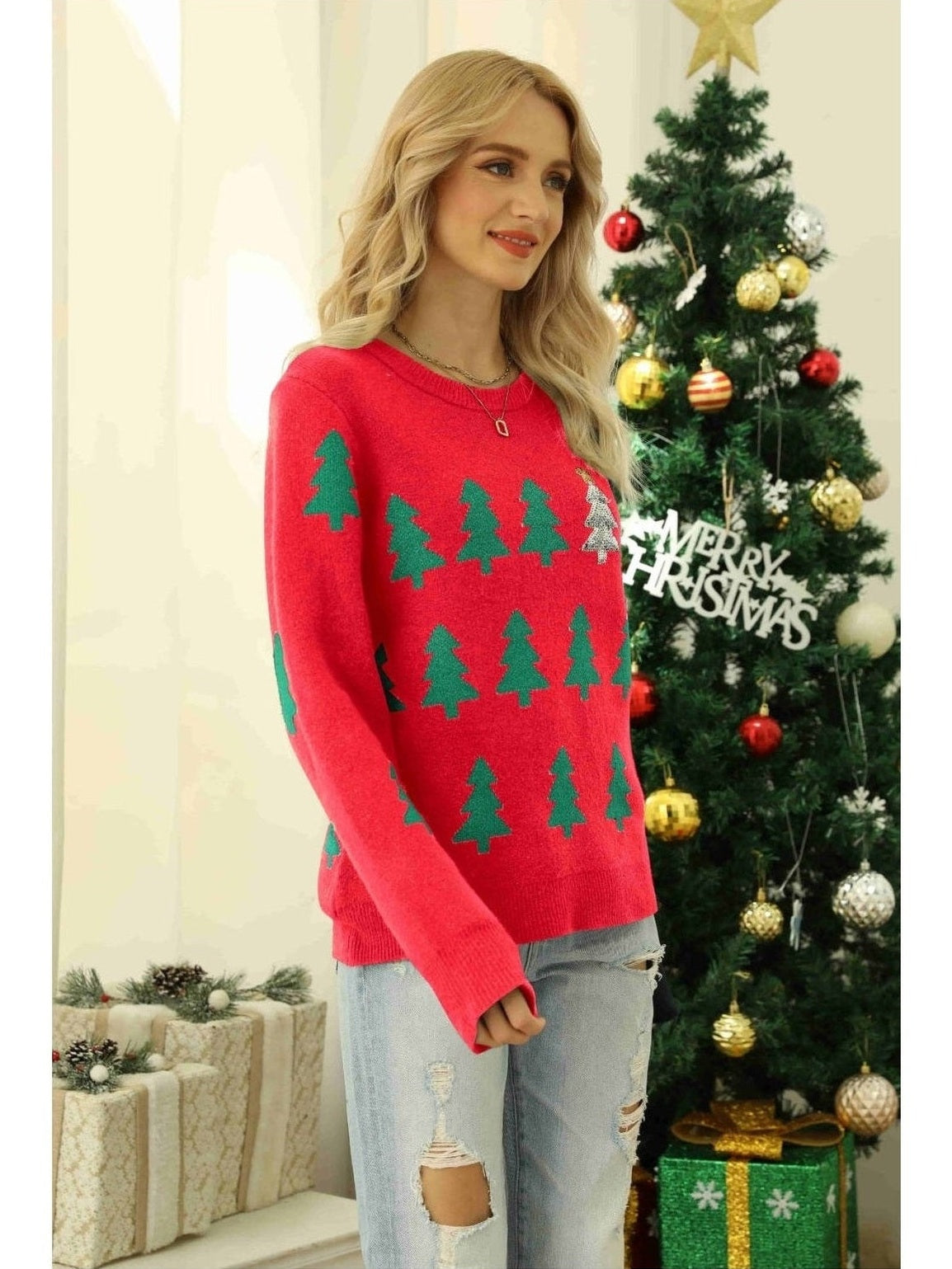 Christmas Tree Round Neck Ribbed Trim Sweater NicholesGifts