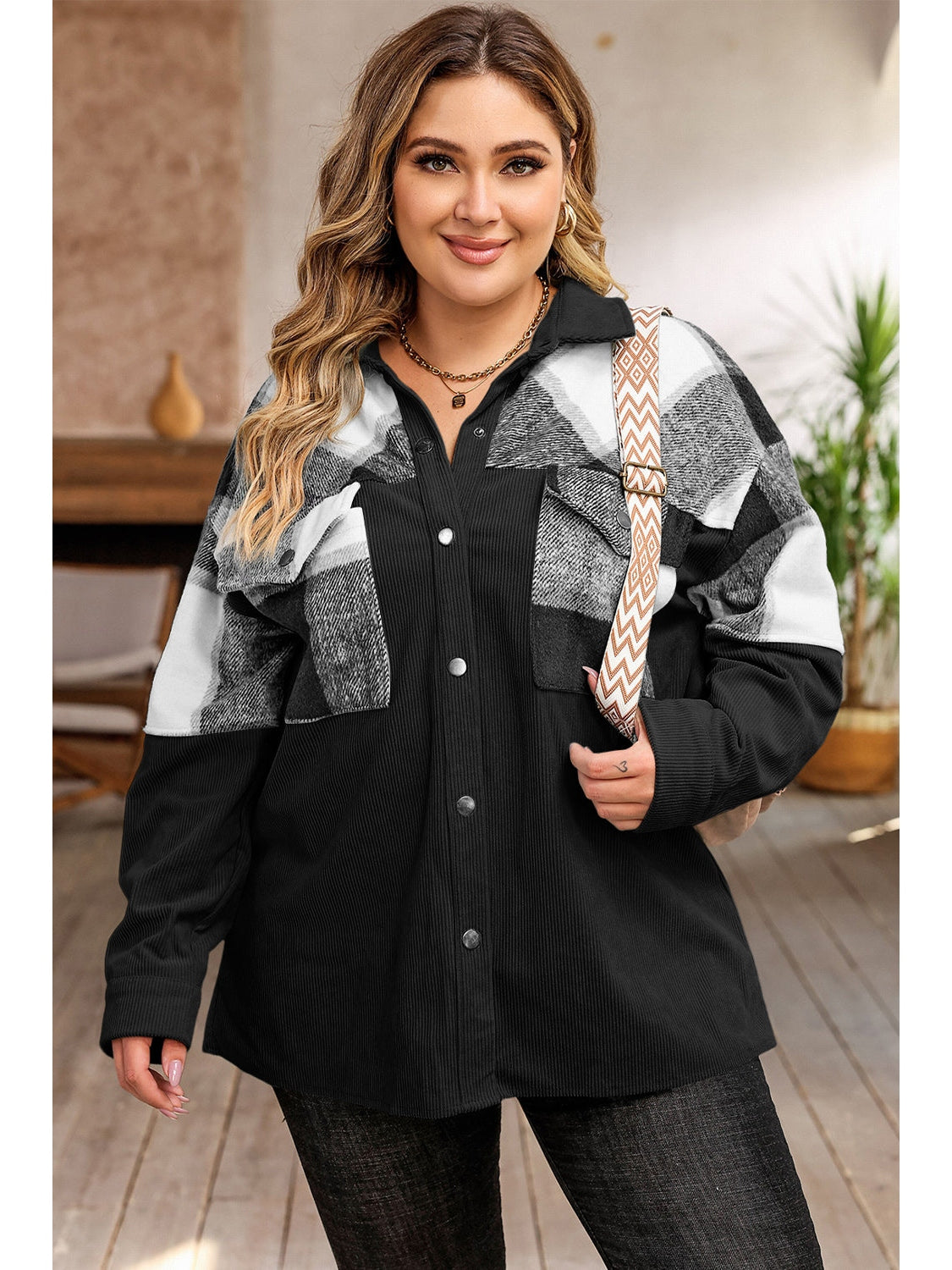 Plus Size Women Plaid Snap Down Jacket with Pockets NicholesGifts