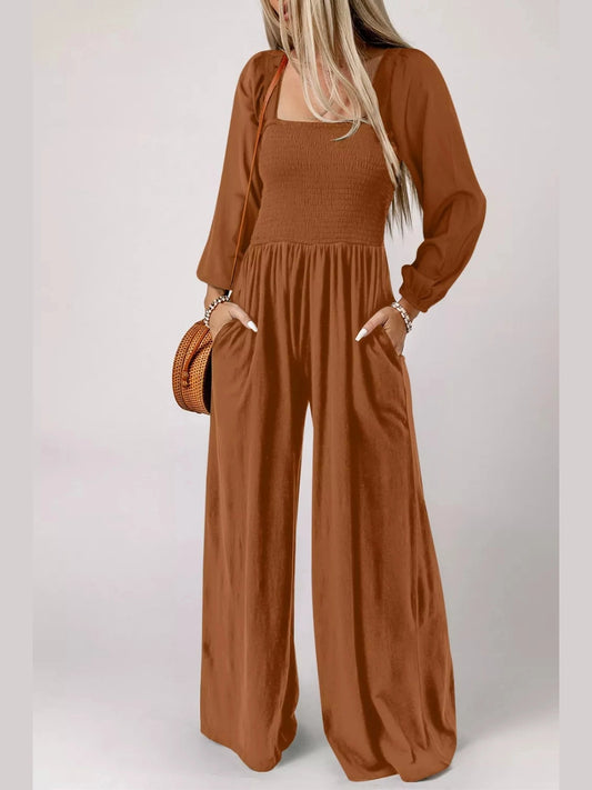 Boho Smocked Square Neck Wide Leg Jumpsuit nicholesgifts