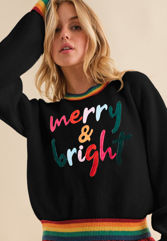 NicholesGifts Women Merry & Bright Ribbed Round Neck Christmas Sweater NicholesGifts