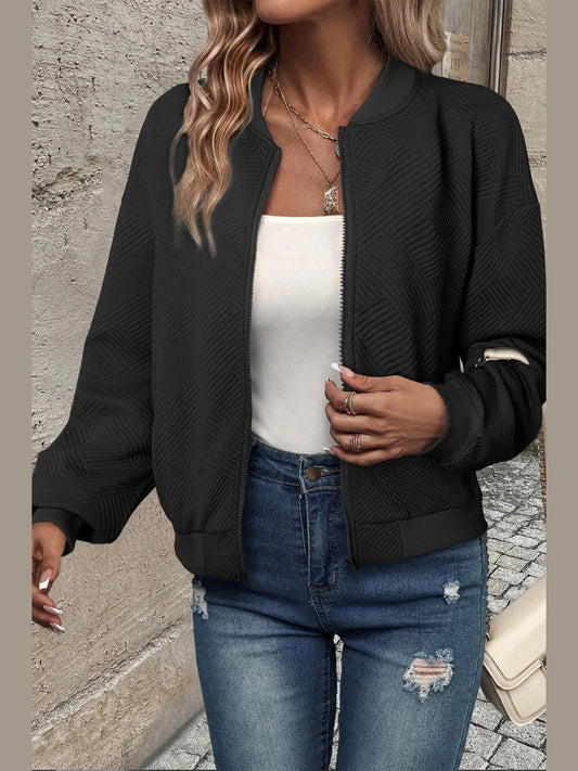 Textured Zip Up Baseball Collar Jacket Trendsi