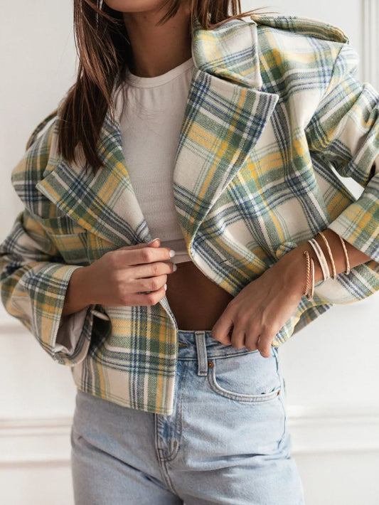 Lapel Collar Plaid Cropped Jacket Trendsi