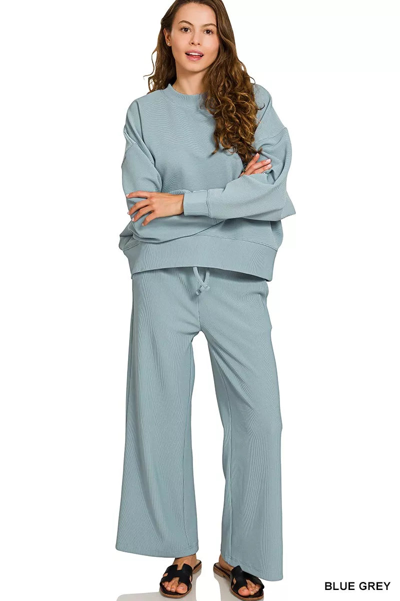Zenana Ribbed Round Neck Pullover and Drawstring Pants Set Trendsi