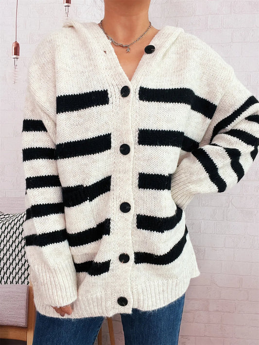 Striped Button-Up Hooded Cardigan