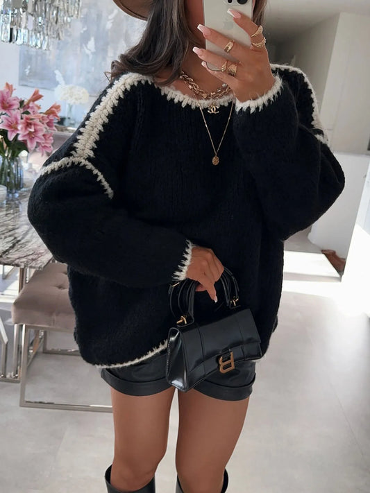 Contrast Trim Oversized Sweater Trendsi