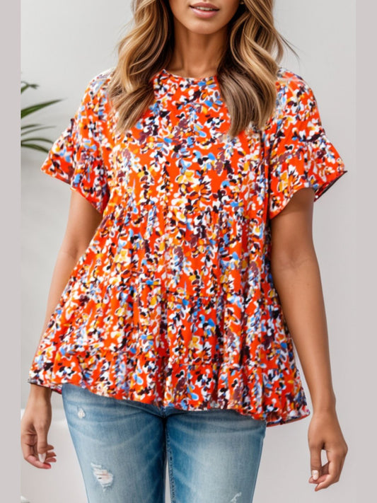Plus Size Floral Round Neck Tiered Blouse NicholesGifts