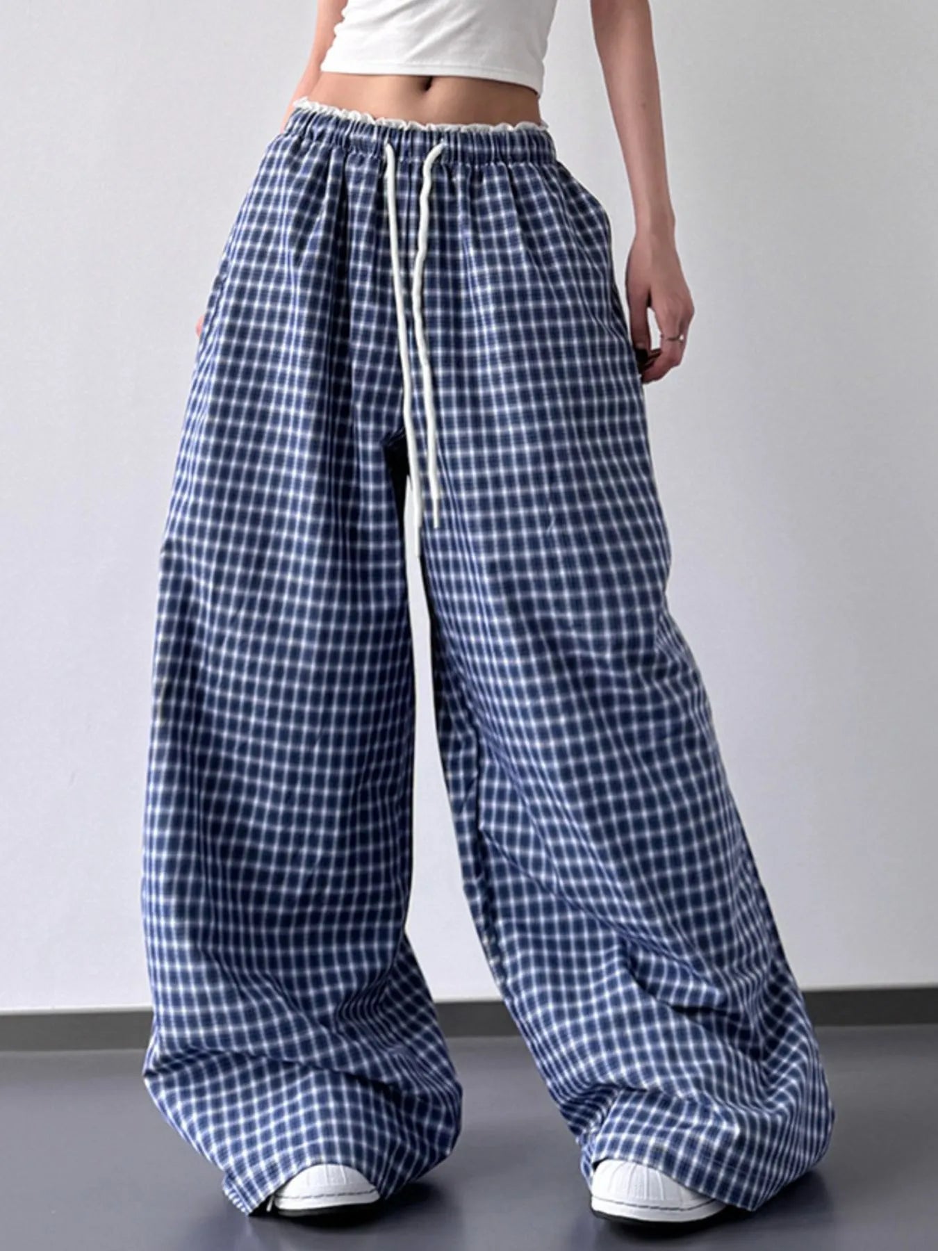 Drawstring Plaid Wide Leg Pants Trendsi