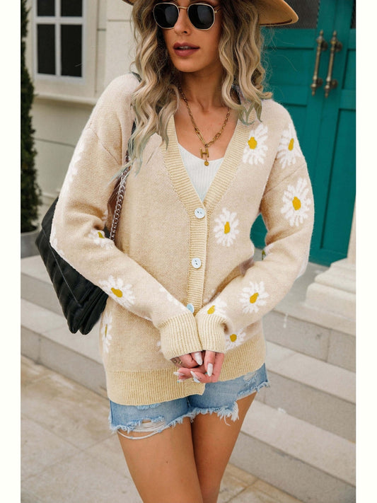 Women Daisy Pattern Button Front Cardigan