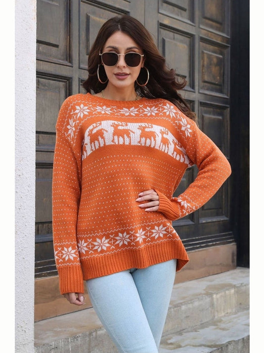 Women Reindeer & Snowflake Pattern Dropped Shoulder Pullover Sweater