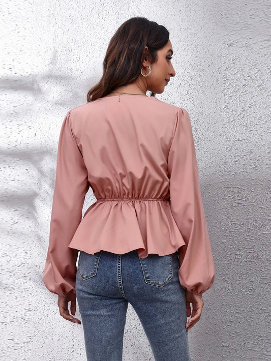 V-Neck Balloon Sleeve Peplum Blouse nicholesgifts