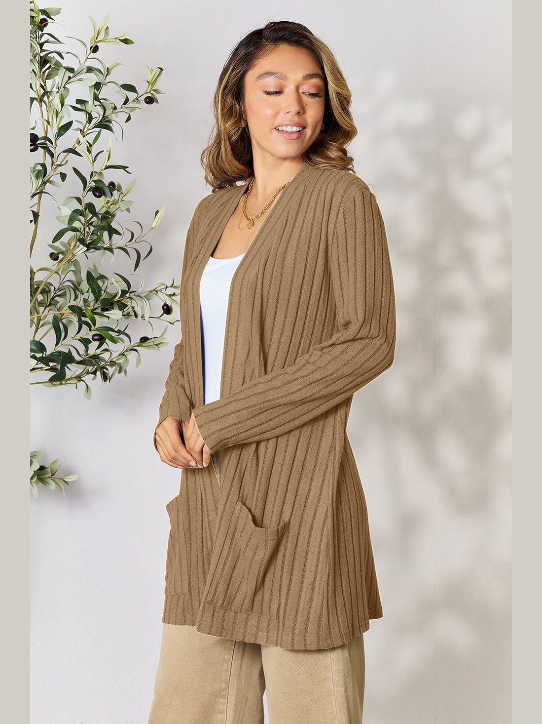 NicholesGifts Women Basic Bae Full Size Ribbed Open Front Cardigan with Pockets NicholesGifts