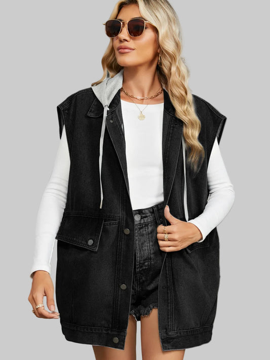 Removable Hood Button Up Cap Sleeve Denim Jacket nicholesgifts