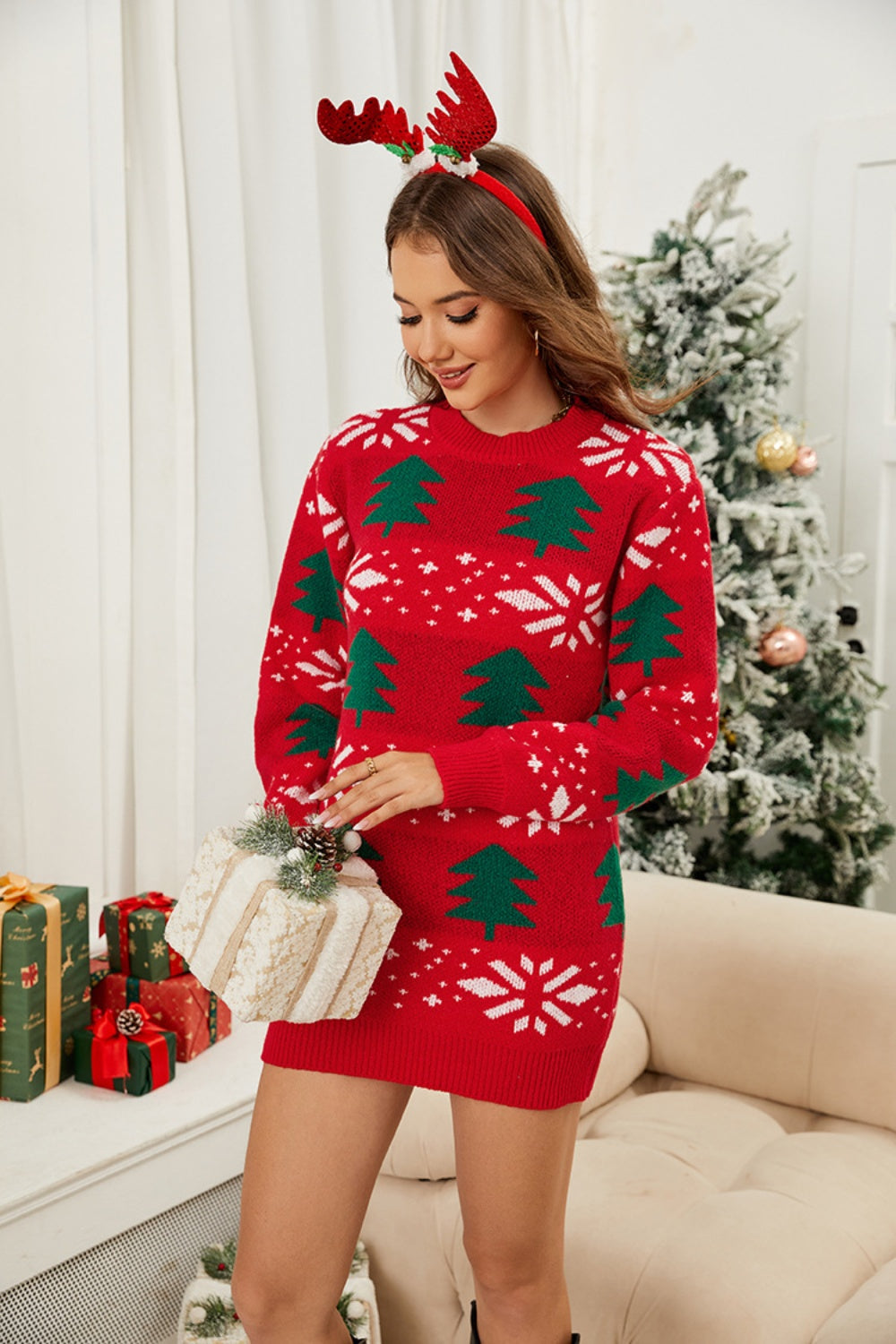 Christmas Tree Round Neck Sweater Dress NicholesGifts