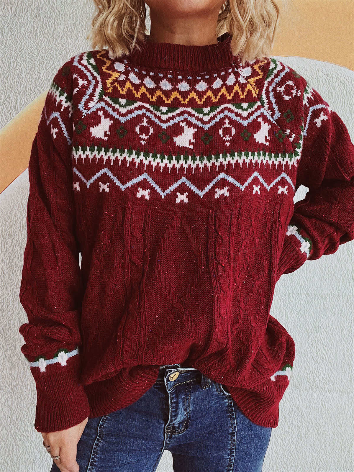 NicholesGifts Women Cable-Knit Mock Neck Long Sleeve Sweater NicholesGifts