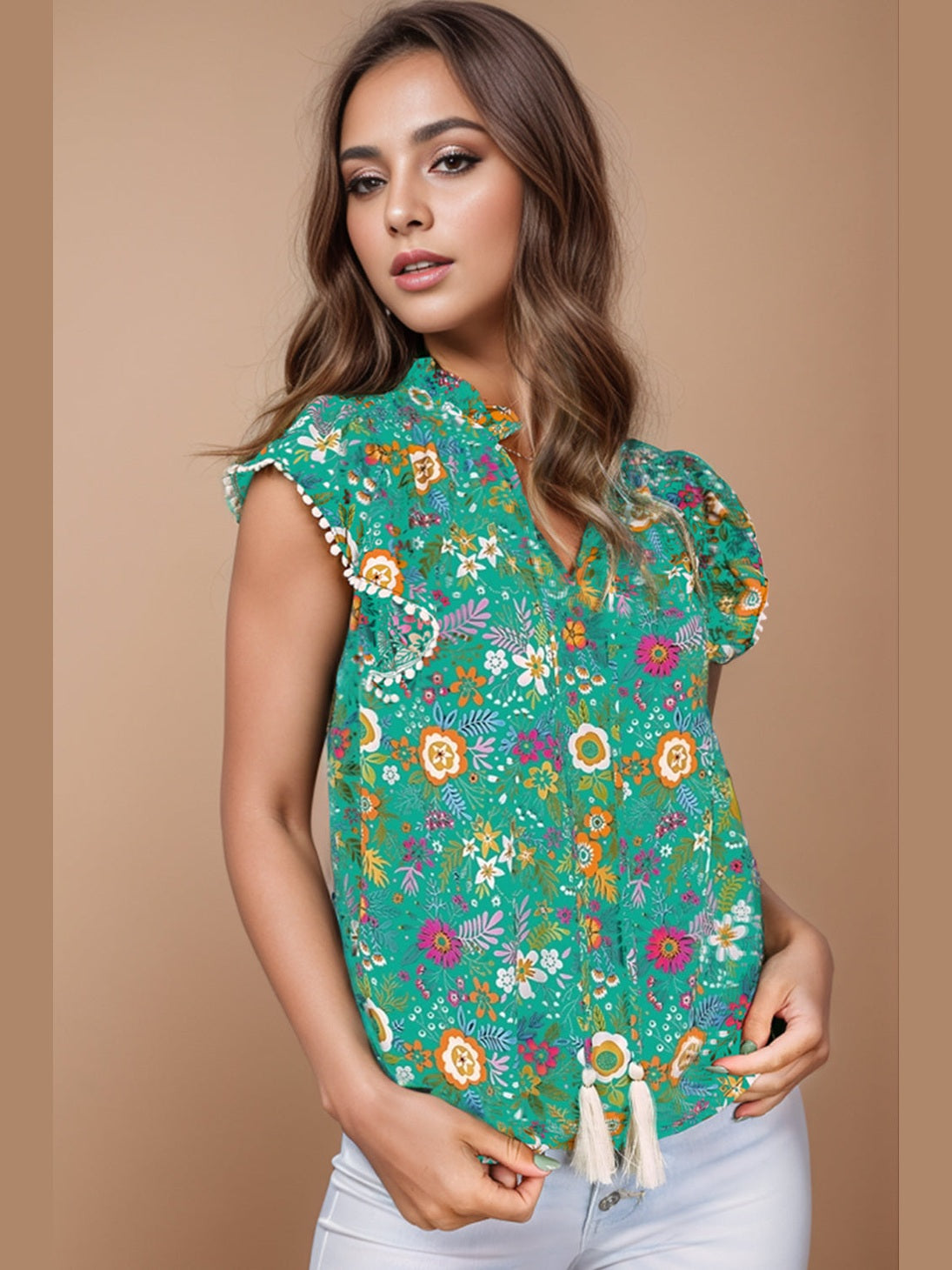 Tassel Printed Cap Sleeve Blouse