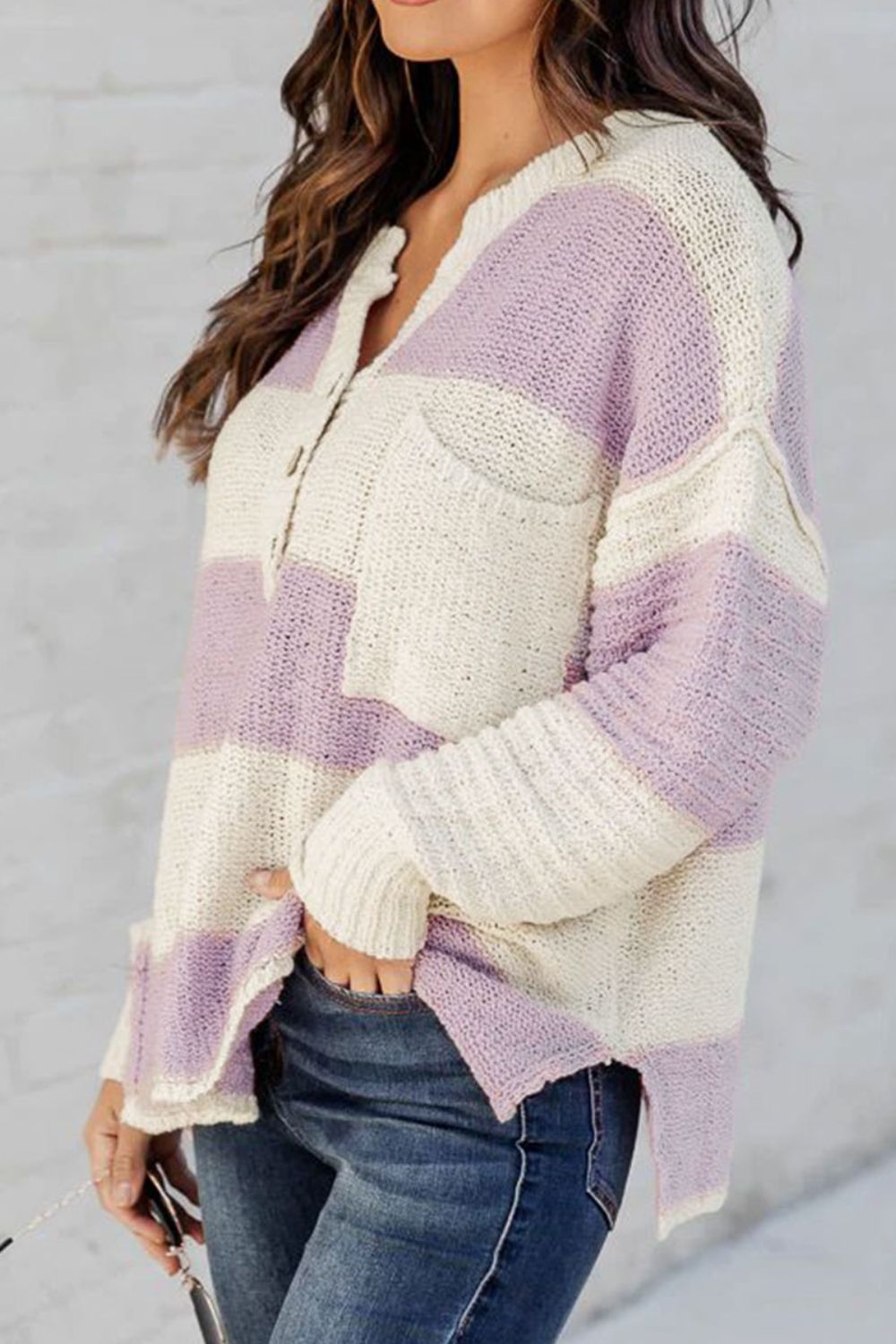 Women Striped Half Button Ribbed Pink Purple Sweater NicholesGifts