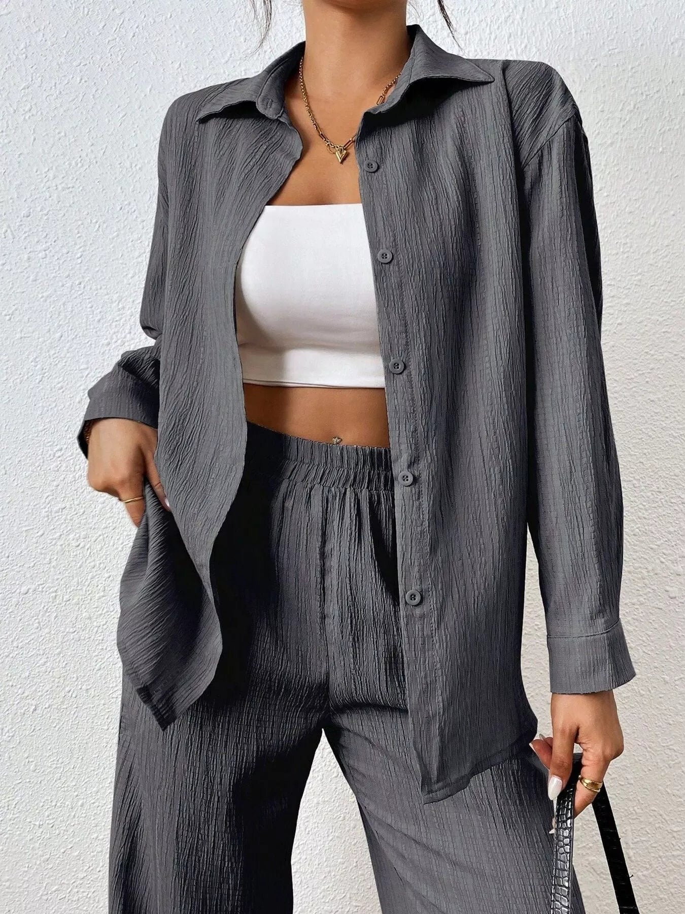 Button Up Long Sleeve Shirt and Pants Set Trendsi