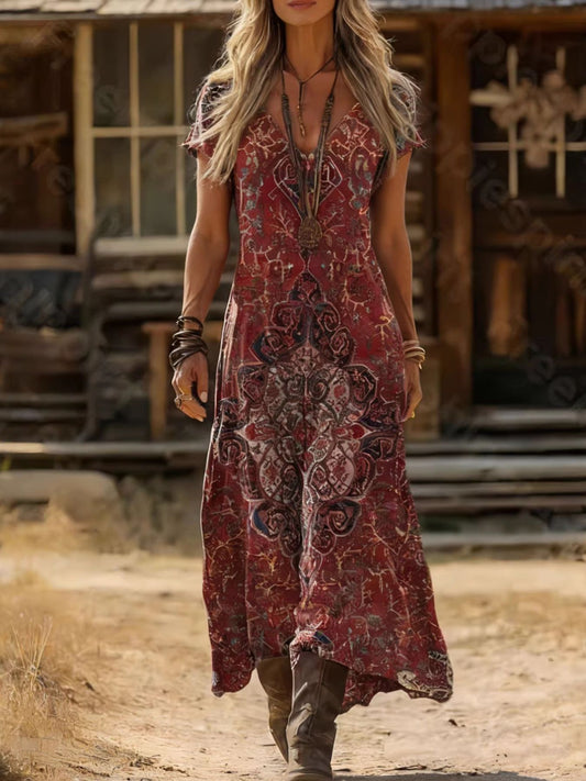 Printed V-Neck Short Sleeve Midi Dress nicholesgifts