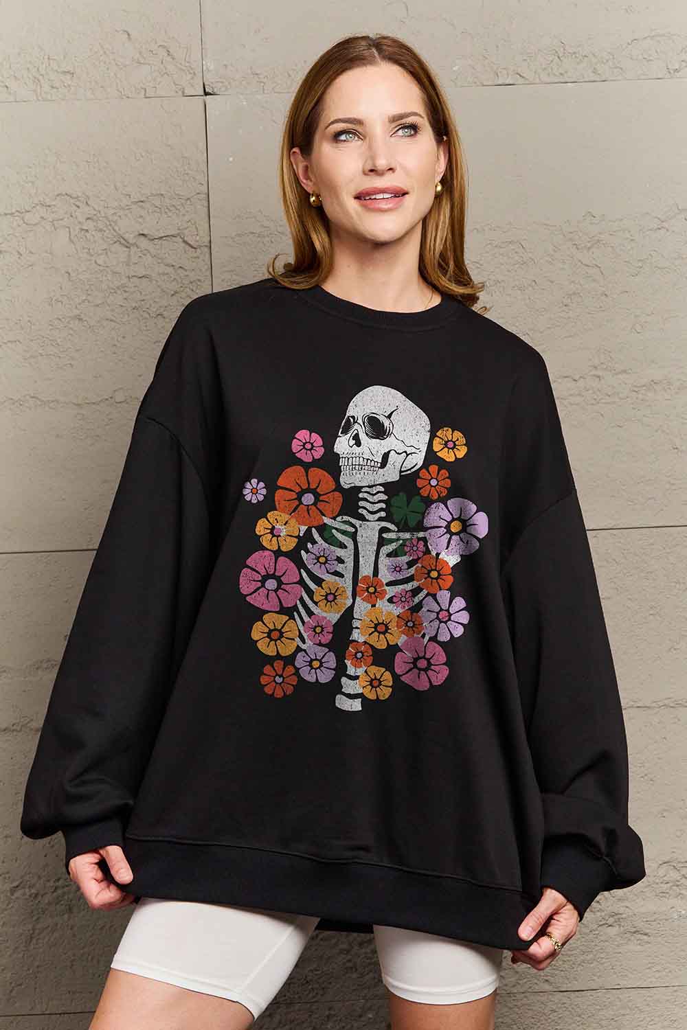 Women Simply Love Full Size Flower Skeleton Graphic Sweatshirt NicholesGifts