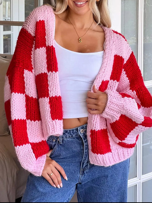 Checkered Open Front Long Sleeve Cardigan NicholesGifts