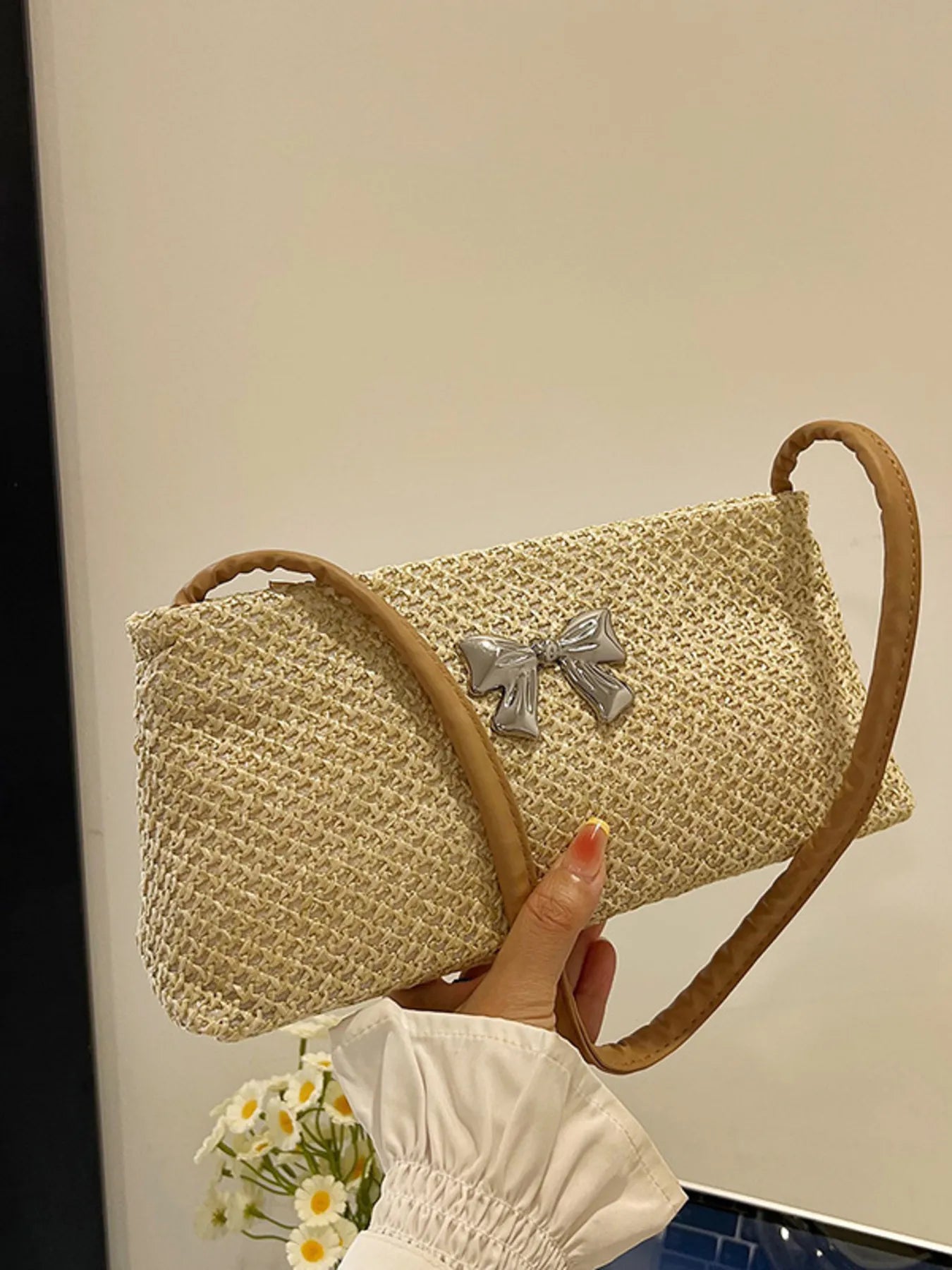 Woven Straw Shoulder Bag with Bow Detail Trendsi