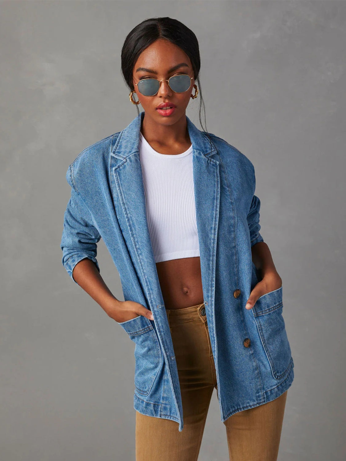 NicholesGifts Women Collared Neck Long Sleeve Denim Jacket NicholesGifts