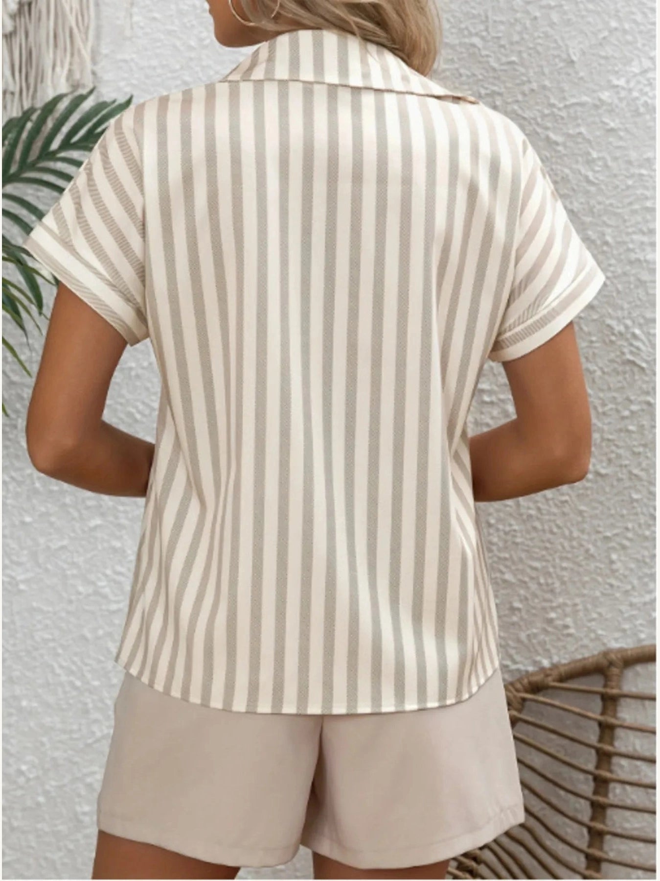 Striped Collared Neck Short Sleeve Shirt Trendsi