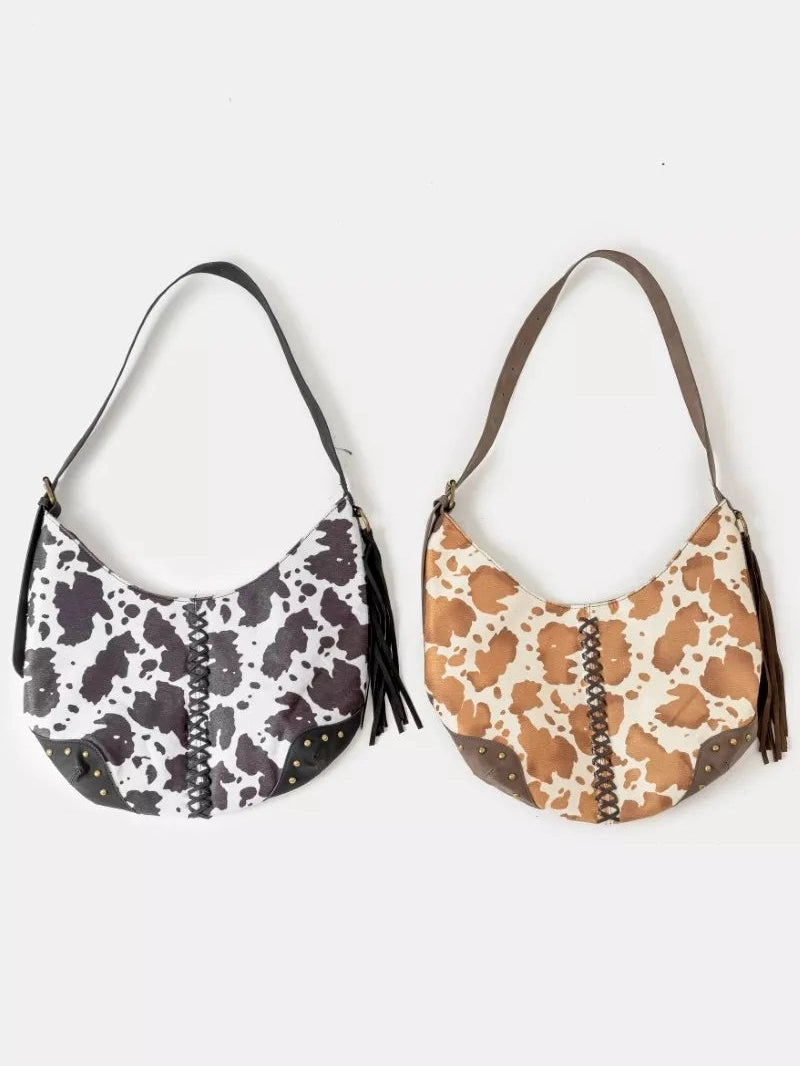 Fame Cow Print Hobo Shoulder Bag with Studded Details nicholesgifts