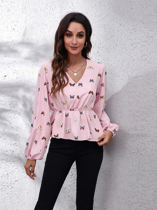 Butterfly V-Neck Balloon Sleeve Peplum Blouse nicholesgifts