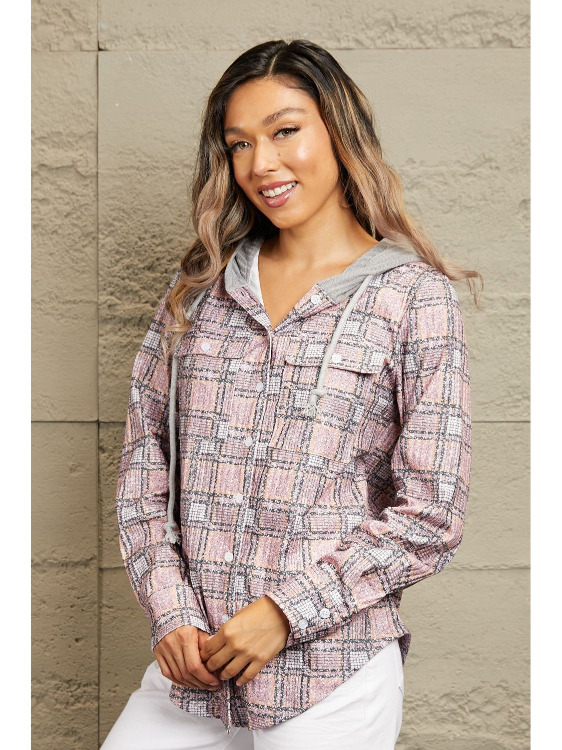 Double Take Plaid Long Sleeve Hooded Jacket NicholesGifts