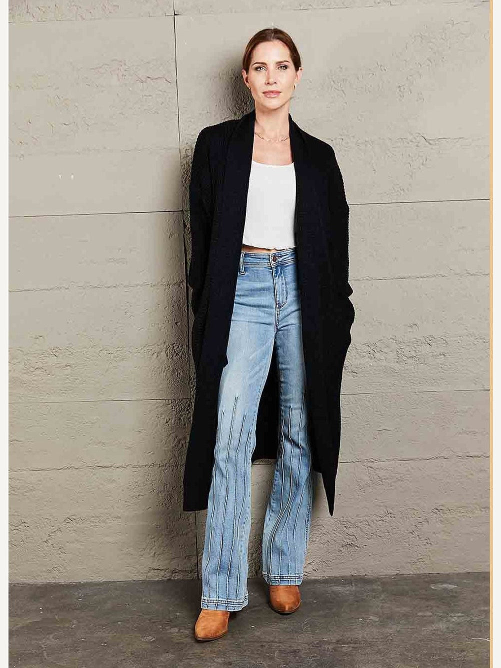 Women Double Take Waffle Knit Open Front Duster Cardigan With Pockets nicholesgifts