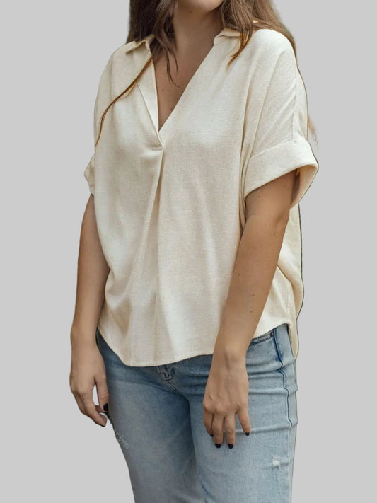 Johnny Collar Half Sleeve Blouse in beige cotton with a relaxed fit, half sleeves, and a polished Johnny collar detail.