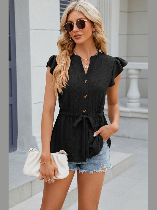 Women Eyelet Notched Cap Sleeve Blouse