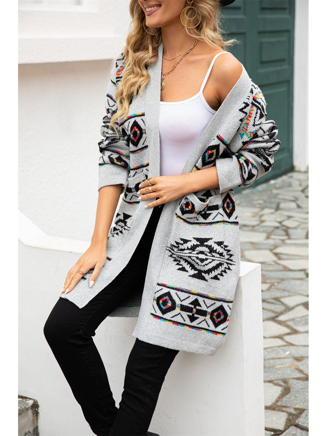 Women Pocketed Geometric Open Front Dropped Shoulder Cardigan