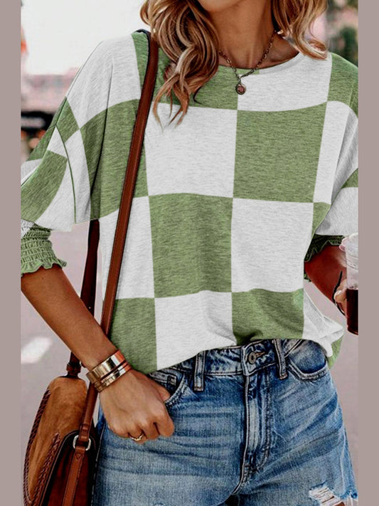 Checkered Round Neck Lantern Sleeve Top