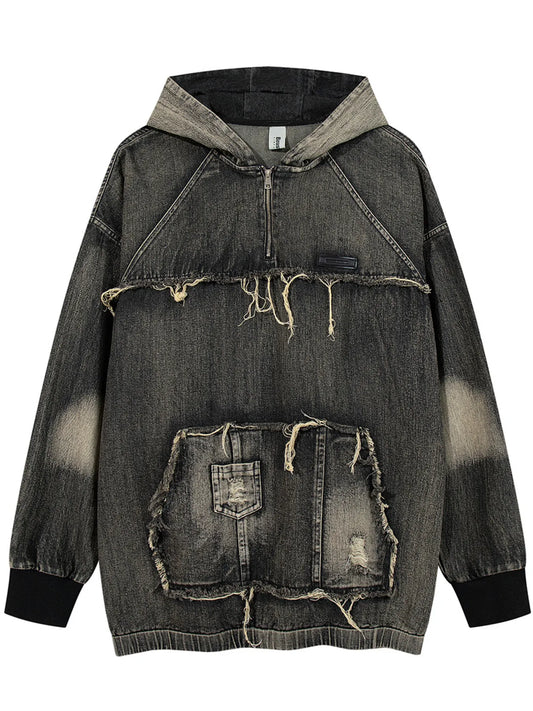 Men's Distressed Denim Patchwork Oversized Hoodie with Frayed Details NicholesGifts