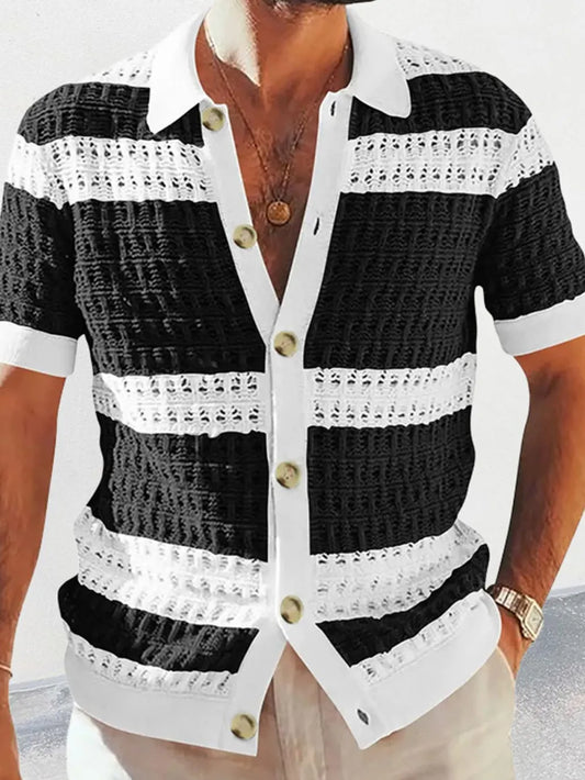 Men's Button Down Collared Neck Contrast Openwork Shirt NicholesGifts