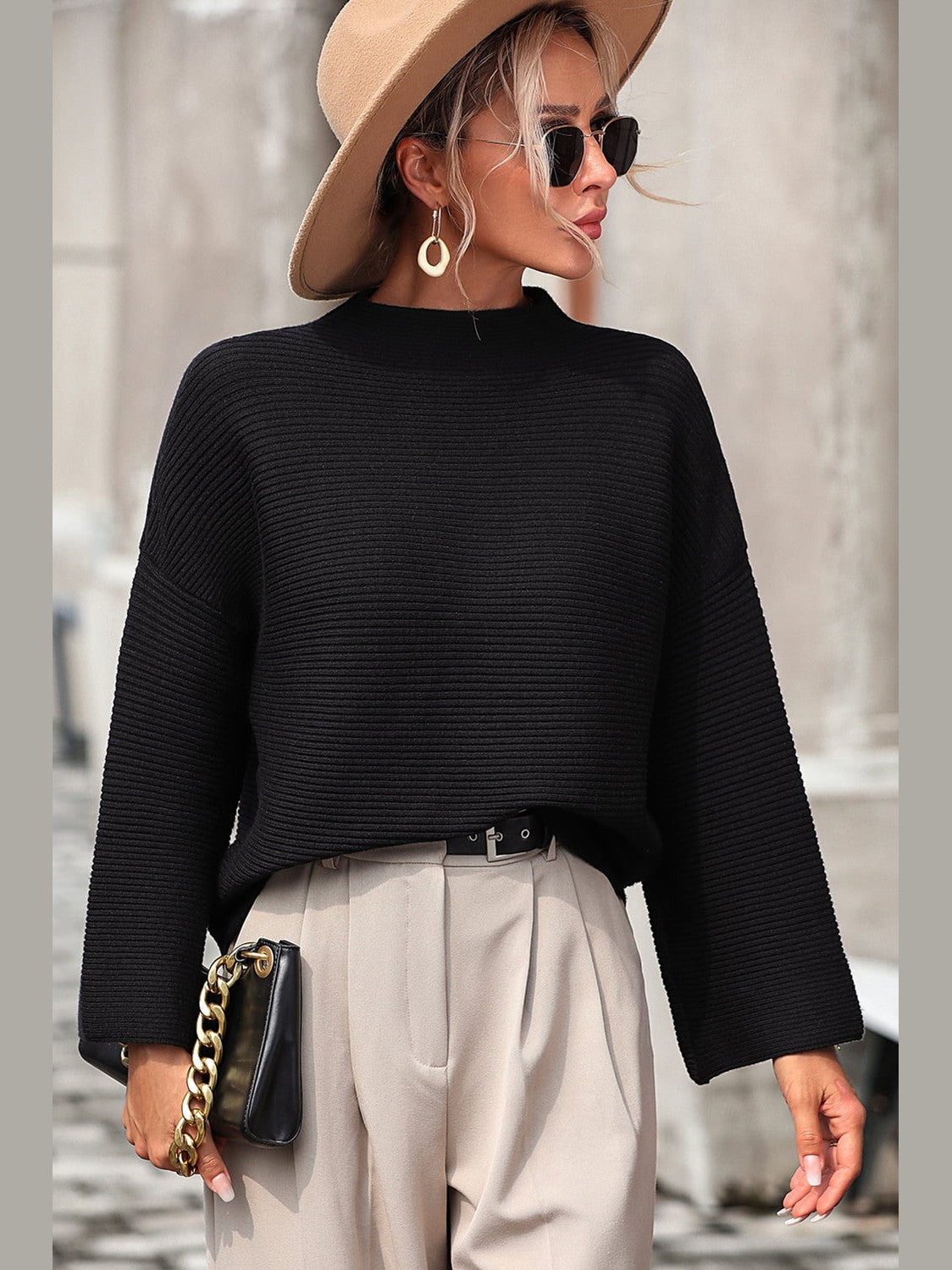 Women Mock Neck Dropped Shoulder Pullover Sweater NicholesGifts