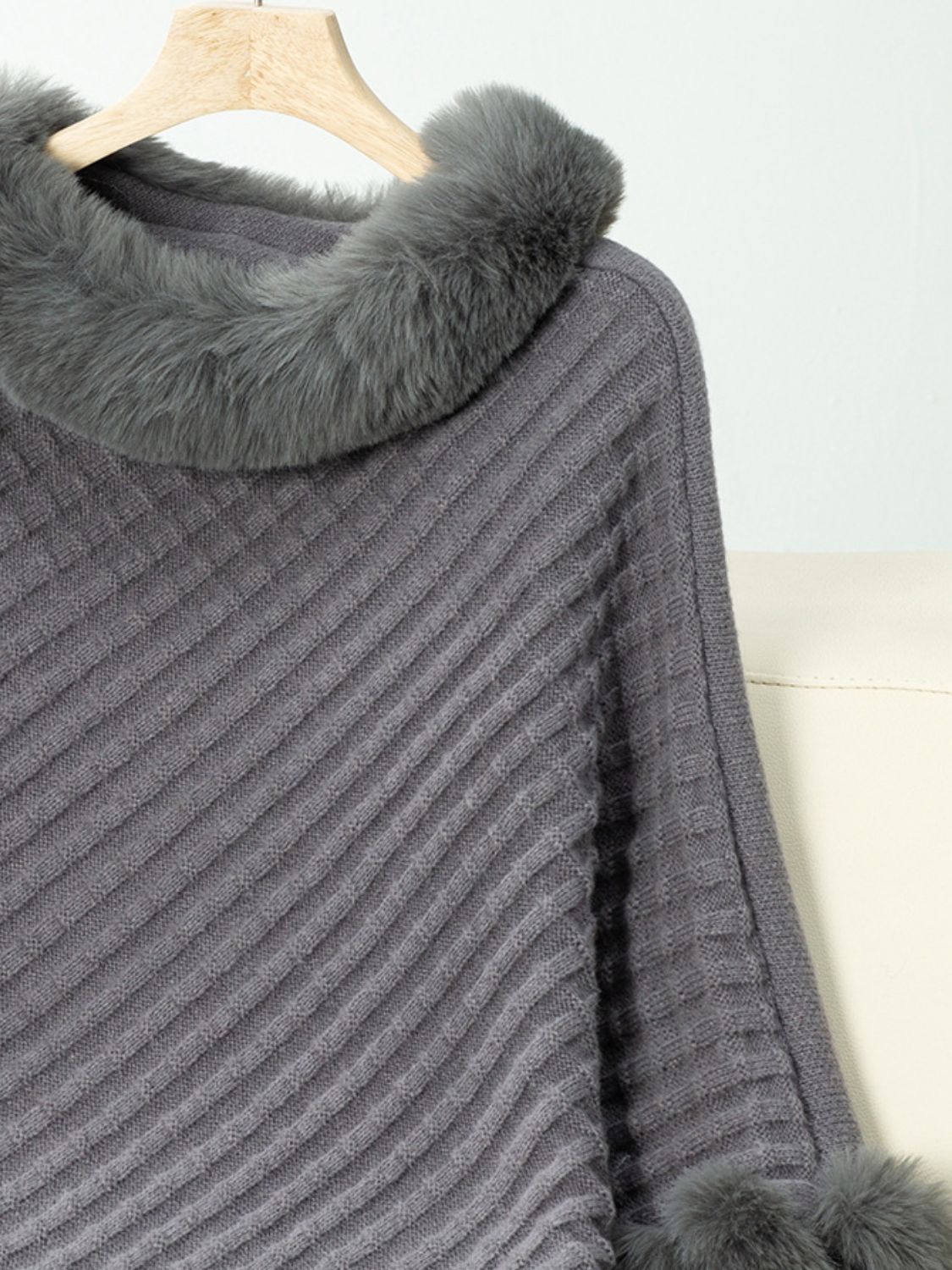 NicholesGifts Women Fuzzy Trim Texture Three-Quarter Sleeve Poncho NicholesGifts