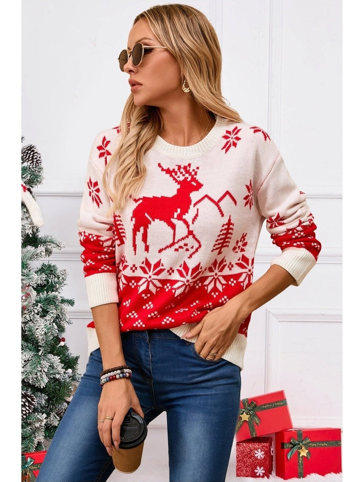 Angel Wings Deer Pattern Round Neck Long Sleeve Sweater