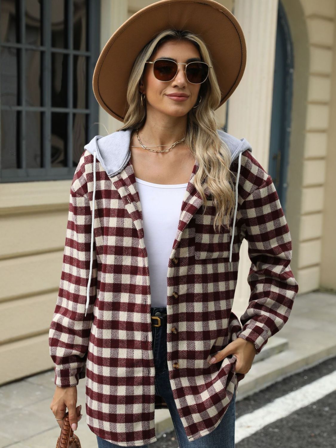 NicholesGifts Women Drawstring Plaid Long Sleeve Hooded Jacket NicholesGifts