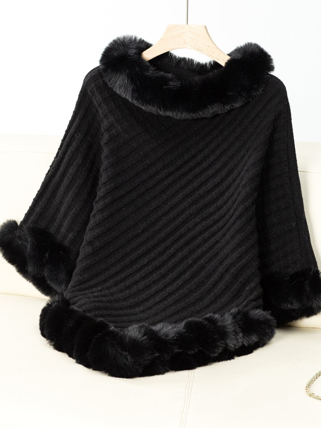 NicholesGifts Women Fuzzy Trim Texture Three-Quarter Sleeve Poncho NicholesGifts