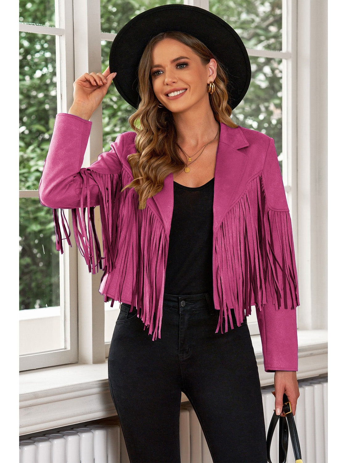 Fringe Trim Lapel Collar Cropped Blazer NicholesGifts