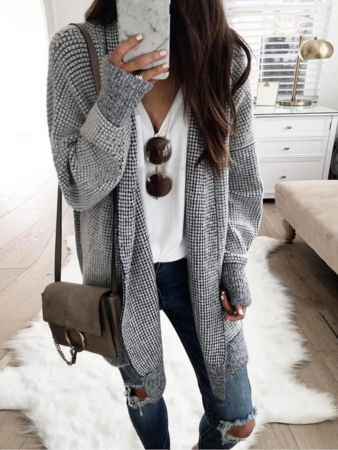 Contrast Plaid Longline Cardigan with Ribbed Trim