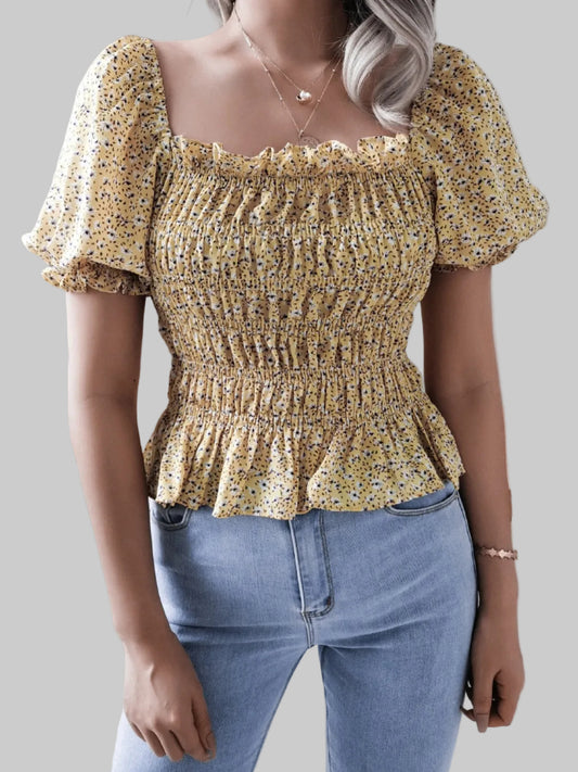 Frill Smocked Square Neck Short Sleeve Blouse nicholesgifts