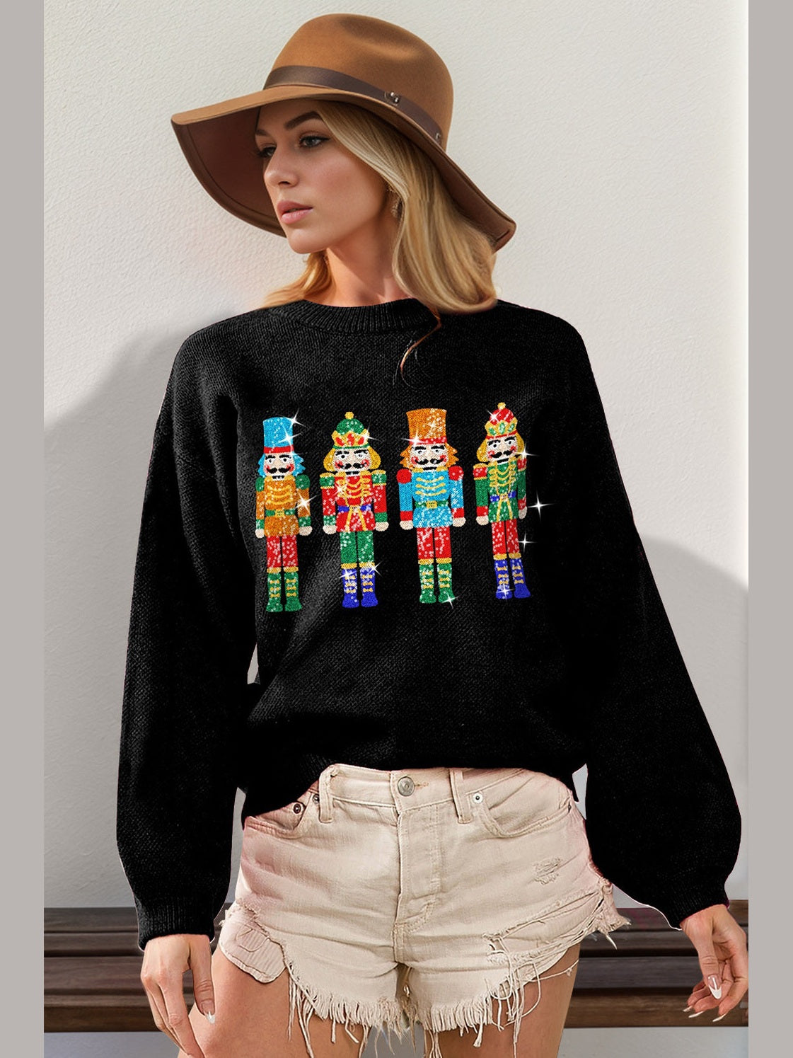 Double Take Full Size Sequin Nutcracker Long Sleeve Sweater NicholesGifts