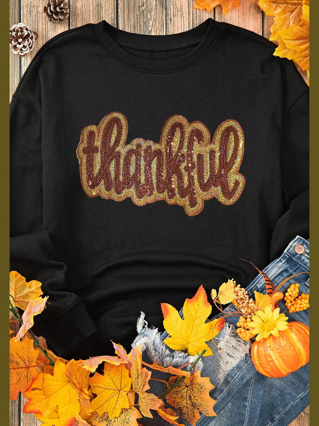 THANKFUL Round Neck Long Sleeve Sweatshirt Trendsi