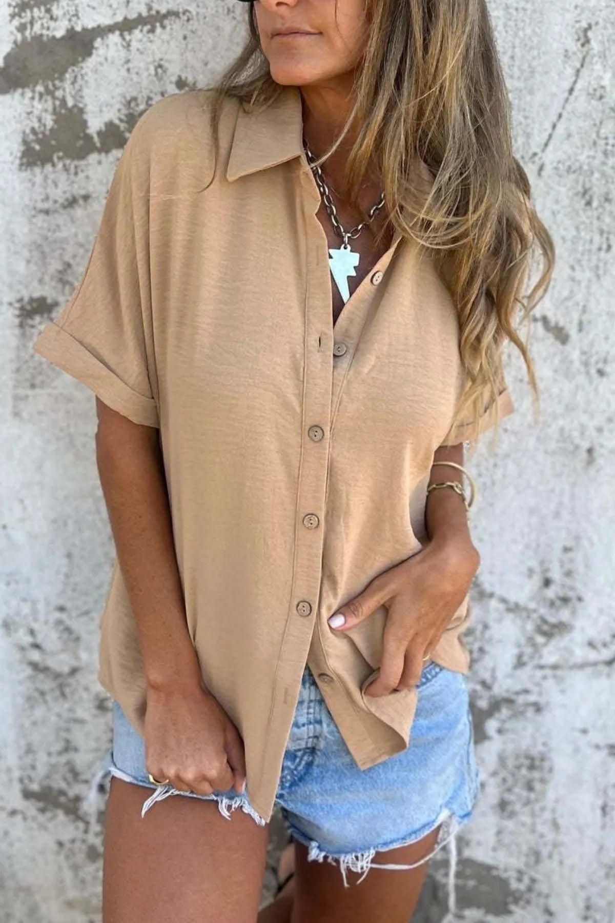 Full Size Casual Button Down Short Sleeve Loose Shirt Plus Size Trendsi