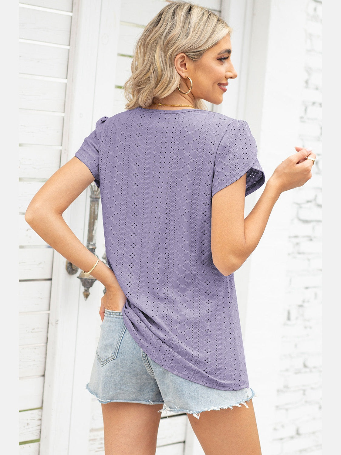 Women Eyelet Notched Petal Sleeve Blouse