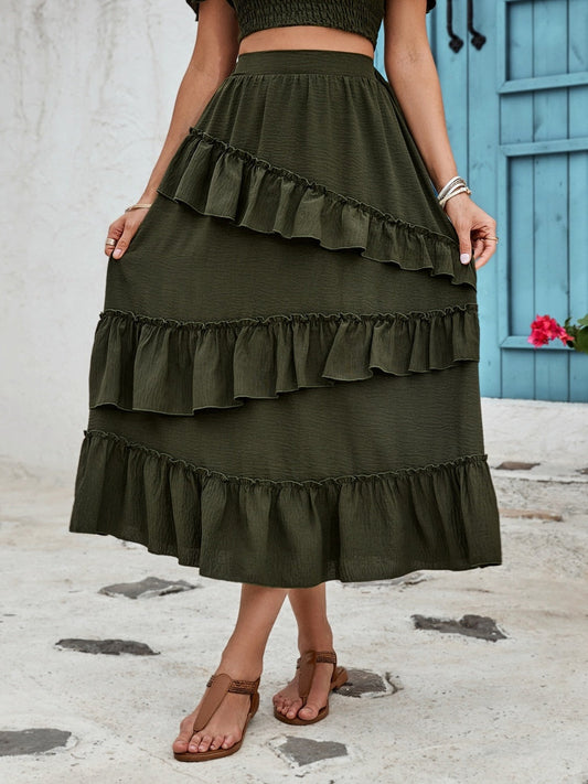 Women Ruffled Elastic Waist Midi Skirt NicholesGifts